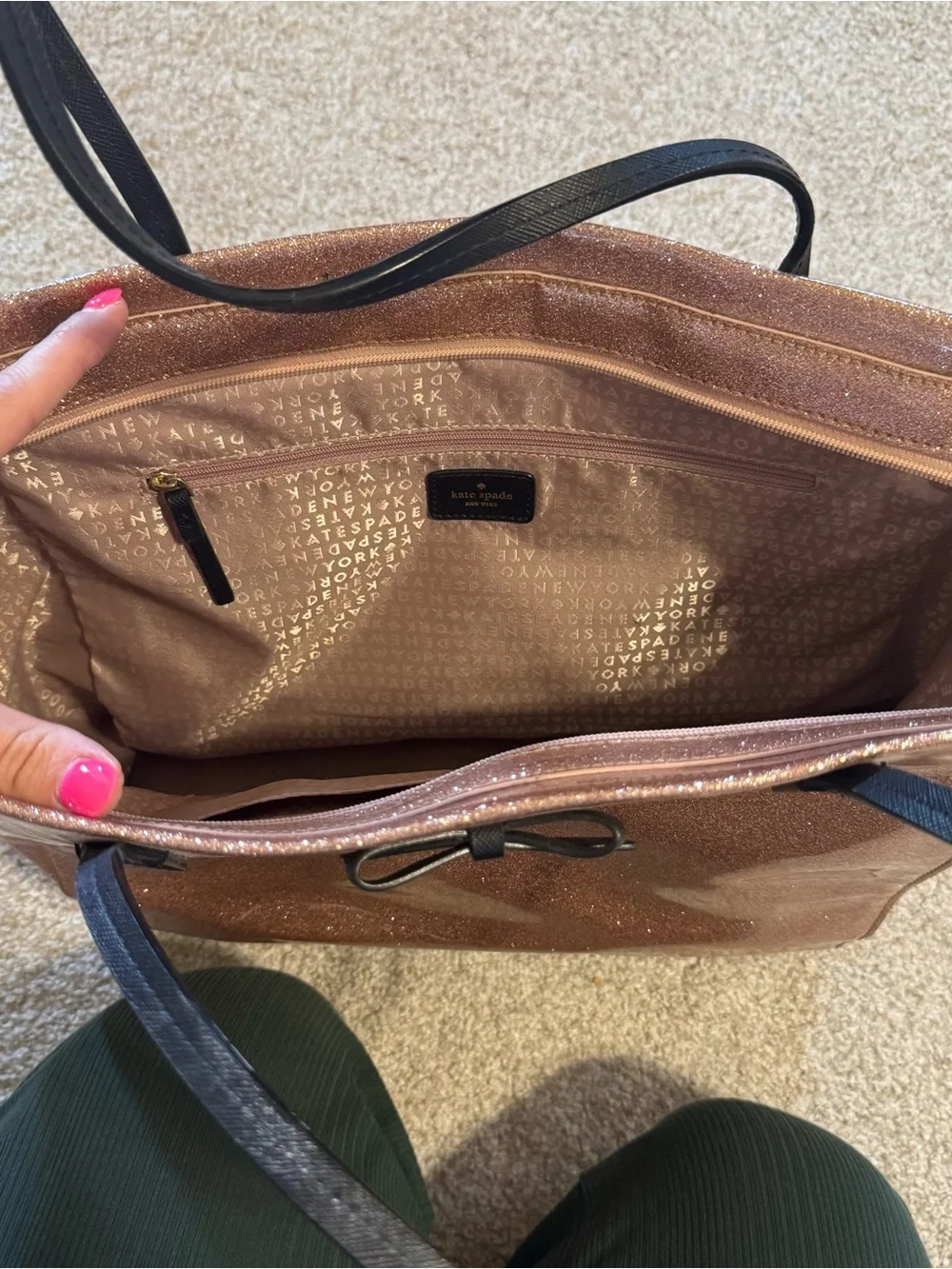 kate spade Glitter Tote in Rose Gold with Black Handles